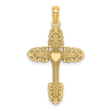 14K Yellow Gold Multi-Scalloped Tipped Cross With Heart Center Charm Pendant - (A93-326) 14K Yellow Gold Multi-Scalloped Tipped Cross With Heart Center Charm Pendant - (A93-326)