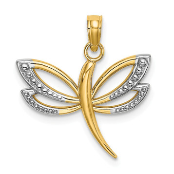 14k Yellow Gold and White Rhodium Textured Dragonfly Charm Pendant - (A93-666)