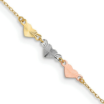 14K Tri-Color Gold Adjustable Heart Anklet - Length 9'' inches - (C64-245) 14K Tri-Color Gold Adjustable Heart Anklet - Length 9'' inches - (C64-245)