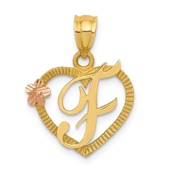 14K Two-tone Gold Initial Letter F In Heart Charm Pendant - (A84-301)