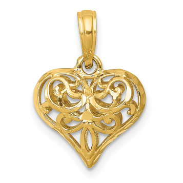 14K Yellow Gold Diamond-cut Open Filgree Fleur-de-lis Heart Pendant - (A86-907) 14K Yellow Gold Diamond-cut Open Filgree Fleur-de-lis Heart Pendant - (A86-907)