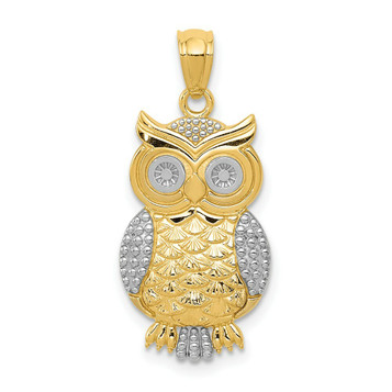 14K Two-tone Gold with Rhodium Polished & Textured Owl Pendant - (A87-344)