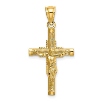 14K Yellow Gold Beaded Accent With Cross Behind Crucifix Charm Pendant - (A92-791) 14K Yellow Gold Beaded Accent With Cross Behind Crucifix Charm Pendant - (A92-791)