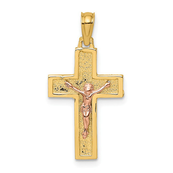 14K Two-Tone Gold Crucifix On Block Cross Charm Pendant - (A93-570) 14K Two-Tone Gold Crucifix On Block Cross Charm Pendant - (A93-570)