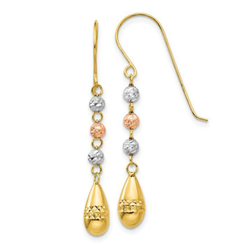 14K Tri-Color Gold Puff Teardrop & Bead Dangle Earrings - (B42-424)
