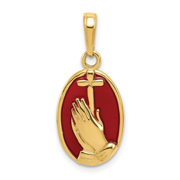 14K Yellow Gold Red Translucent Acrylic Praying Hands and Cross Pendant - (A83-578)