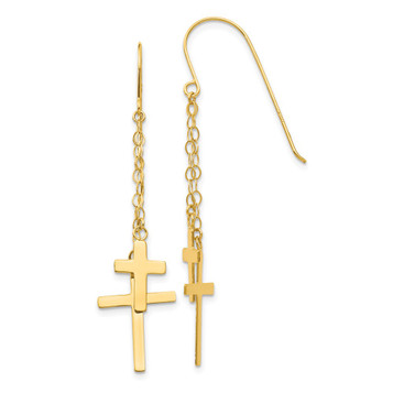 14K Yellow Gold Chain Dangle Cross Shepherd Hook Earrings - (B36-852)