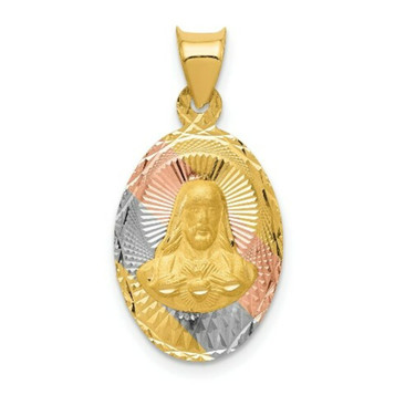 14K Yellow Gold Two-tone & Diamond-cut Sagrado Corazon Oval Pendant - (A85-702) 14K Yellow Gold Two-tone & Diamond-cut Sagrado Corazon Oval Pendant - (A85-702)