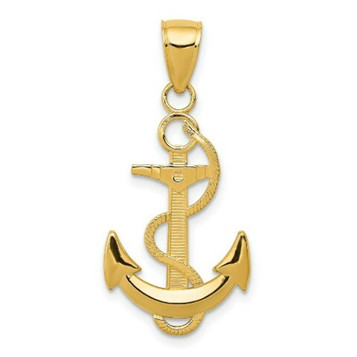 14K Yellow Gold Polished Anchor with Textured Rope - (A87-146)