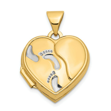 14K Yellow Gold with White Rhodium 15mm Heart Foot Prints Locket 15x15mm - (A99-432)