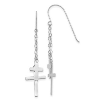 14K White Gold Chain Dangle Cross Shepherd Hook Earrings - (B44-276)