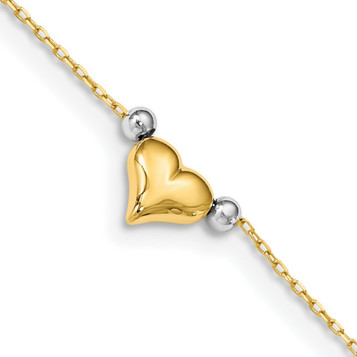 14K Two-tone Gold Polished Puffed Heart with Beads Anklet - Length 10'' inches - (C63-982) 14K Two-tone Gold Polished Puffed Heart with Beads Anklet - Length 10'' inches - (C63-982)