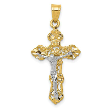 14K Two-tone Gold Fleur De Lis Crucifix Pendant - (A83-474) 14K Two-tone Gold Fleur De Lis Crucifix Pendant - (A83-474)