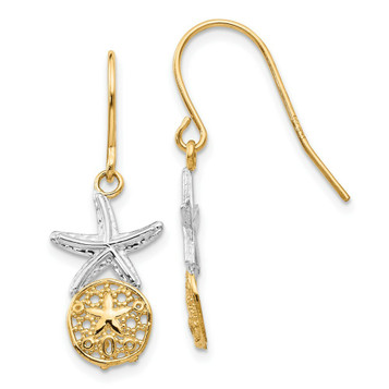 14K Yellow Gold & White Rhodium Starfish with Sand Dollar Shepherd Hook Earrings - (B42-565) 14K Yellow Gold & White Rhodium Starfish with Sand Dollar Shepherd Hook Earrings - (B42-565)