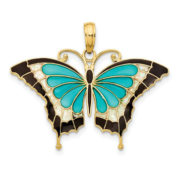 14K Yellow Gold Aqua Stained Glass Wings Butterfly Pendant with Acrylic - (A84-813)