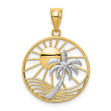 14K Yellow Gold Two tone Sun & Palm Tree Pendant - (A87-359)