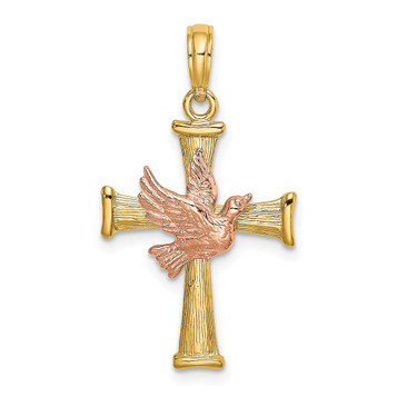 14K Two-tone Gold Textured Finish Cross With Dove Charm Pendant - (A93-518) 14K Two-tone Gold Textured Finish Cross With Dove Charm Pendant - (A93-518)