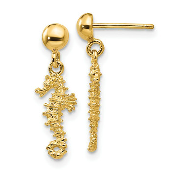14K Yellow Gold 3-D Mini Seahorse Dangle Post Earrings - (B41-557)