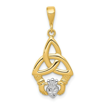 14K Yellow Gold Rhodium Diamond-cut Claddagh Pendant 30mm length - (A85-111)