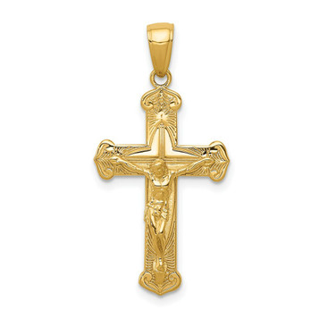 14K Yellow Gold Polished & Textured Crucifix with Jesus On Engraved Cross Pendant - (A86-104) 14K Yellow Gold Polished & Textured Crucifix with Jesus On Engraved Cross Pendant - (A86-104)