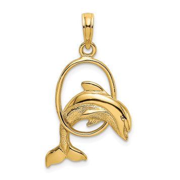 14K Yellow Gold Polished Dolphin Jumping Through Hoop Charm Pendant - (A91-349) 14K Yellow Gold Polished Dolphin Jumping Through Hoop Charm Pendant - (A91-349)