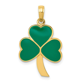 14K Yellow Gold Green Enameled Shamrock Pendant - (A83-470)
