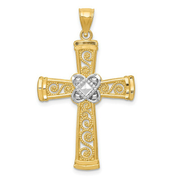 14K Two-tone Gold Two-tone Polished Diamond-cut Filigree Cross