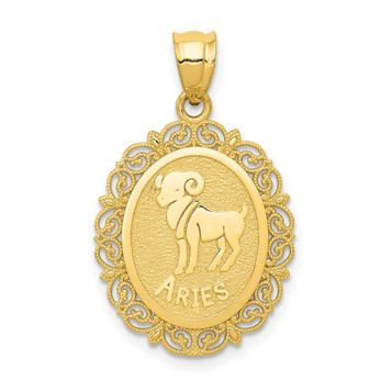 14K Yellow Gold Solid Satin Polished Aries Zodiac Oval Pendant - (A86-920) 14K Yellow Gold Solid Satin Polished Aries Zodiac Oval Pendant - (A86-920)