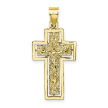 10K Yellow Gold Textured Crucifix With Frame Charm Pendant - (A88-889) 10K Yellow Gold Textured Crucifix With Frame Charm Pendant - (A88-889)