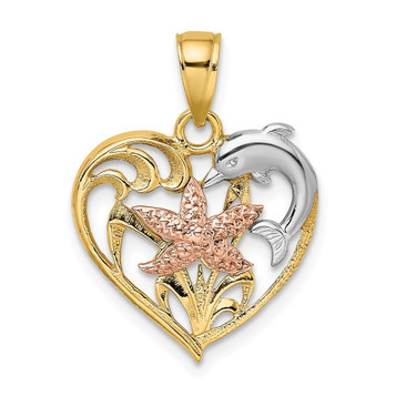 14K Tri-Color Gold Dolphin & Starfish In Heart Charm Pendant - (A93-507)