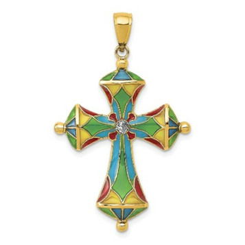 14K Yellow Gold Multi Color Acrylic Cross Pendant - (A83-656)