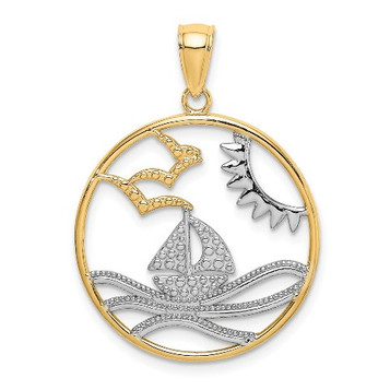 14k Yellow Gold and White Rhodium Sun, Sailboat, Water with Seagulls In Round Frame Charm Pendant - (A94-148) 14k Yellow Gold and White Rhodium Sun, Sailboat, Water with Seagulls In Round Frame Charm Pendant - (A94-148)