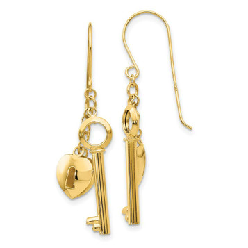 14K Yellow Gold Puff Heart Lock and Key Earrings - (B42-413)