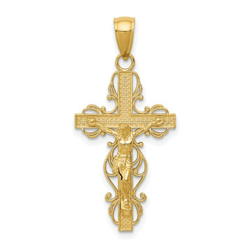 14K Yellow Gold Polished Crucifix with Lace Trim Pendant - (A85-960)