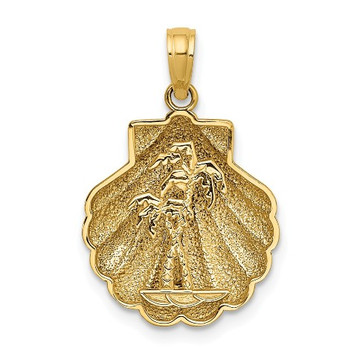 14K Yellow Gold 2-D & Textured Shell With Mini Double Palm Tree Charm Pendant - (A91-353)