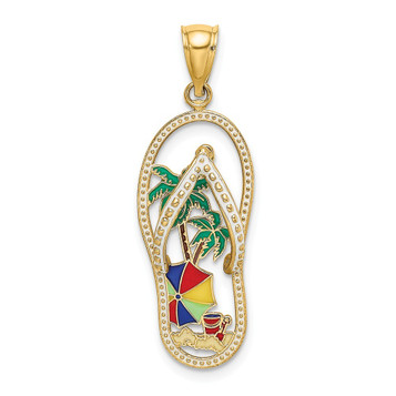 14K Yellow Gold Enamel Palm Tree Beach Scene Flip-Flop Charm Pendant - (A91-703) 14K Yellow Gold Enamel Palm Tree Beach Scene Flip-Flop Charm Pendant - (A91-703)