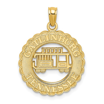 14K Yellow Gold Gatlinburg Tennessee With Cut Out Trolley Car In Circle Charm Pendant - (A90-214) 14K Yellow Gold Gatlinburg Tennessee With Cut Out Trolley Car In Circle Charm Pendant - (A90-214)