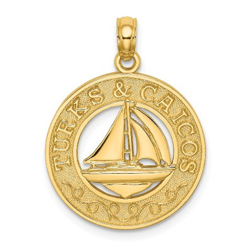 14K Yellow Gold Turks & Caicos On Round Frame With Sailboat Charm Pendant - (A92-686) 14K Yellow Gold Turks & Caicos On Round Frame With Sailboat Charm Pendant - (A92-686)