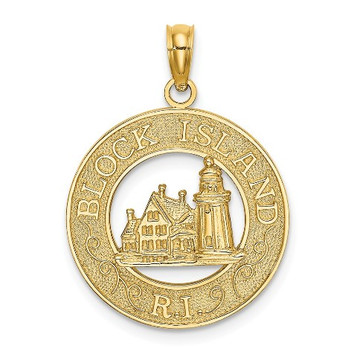 14K Yellow Gold Block Island, RI Round Frame With Lighthouse Charm Pendant - (A92-853)