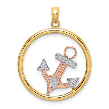14K Tri-Color Gold Anchor In Round Frame Charm Pendant - (A94-294)