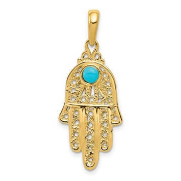 14K Yellow Gold Turquoise Filigree Chamseh Pendant - (A84-643) 14K Yellow Gold Turquoise Filigree Chamseh Pendant - (A84-643)