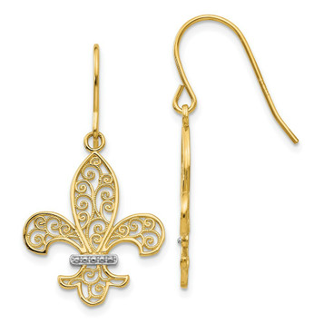 14K Yellow Gold & Rhodium Fleur de lis Shepherd Hook Earrings - (B42-603) 14K Yellow Gold & Rhodium Fleur de lis Shepherd Hook Earrings - (B42-603)