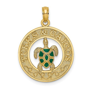 14K Yellow Gold Turks & Caicos On Round Frame With Enamel Turtle Charm Pendant - (A91-602) 14K Yellow Gold Turks & Caicos On Round Frame With Enamel Turtle Charm Pendant - (A91-602)
