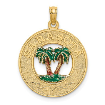 14K Yellow Gold Sarasota Round Frame With Green Double Palm Tree Charm Pendant - (A91-744) 14K Yellow Gold Sarasota Round Frame With Green Double Palm Tree Charm Pendant - (A91-744)