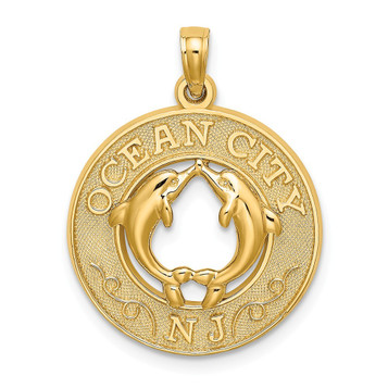 14K Yellow Gold Ocean City, NJ Round Frame With Dolphin Charm Pendant - (A92-239) 14K Yellow Gold Ocean City, NJ Round Frame With Dolphin Charm Pendant - (A92-239)