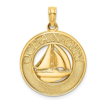 14K Yellow Gold Ocean City On Round Frame With Sailboat Charm Pendant - (A93-521)