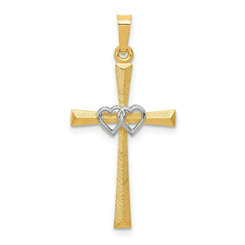 14K Two-tone Gold Textured and Polished Latin Cross with Hearts Pendant - (B11-425) 14K Two-tone Gold Textured and Polished Latin Cross with Hearts Pendant - (B11-425)