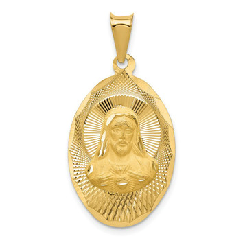 14K Yellow Gold Polished & Diamond-cut Sagrado Corazon Oval Pendant - (A85-627) 14K Yellow Gold Polished & Diamond-cut Sagrado Corazon Oval Pendant - (A85-627)