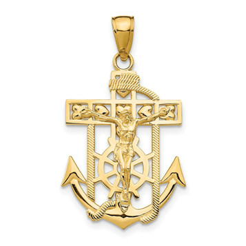 14K Yellow Gold Polished & Textured Mini Mariners Crucifix Pendant - (A85-936) 14K Yellow Gold Polished & Textured Mini Mariners Crucifix Pendant - (A85-936)