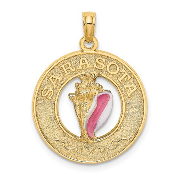 14K Yellow Gold Sarasota Round Frame With Enamel Conch Shell Charm Pendant - (A91-578) 14K Yellow Gold Sarasota Round Frame With Enamel Conch Shell Charm Pendant - (A91-578)